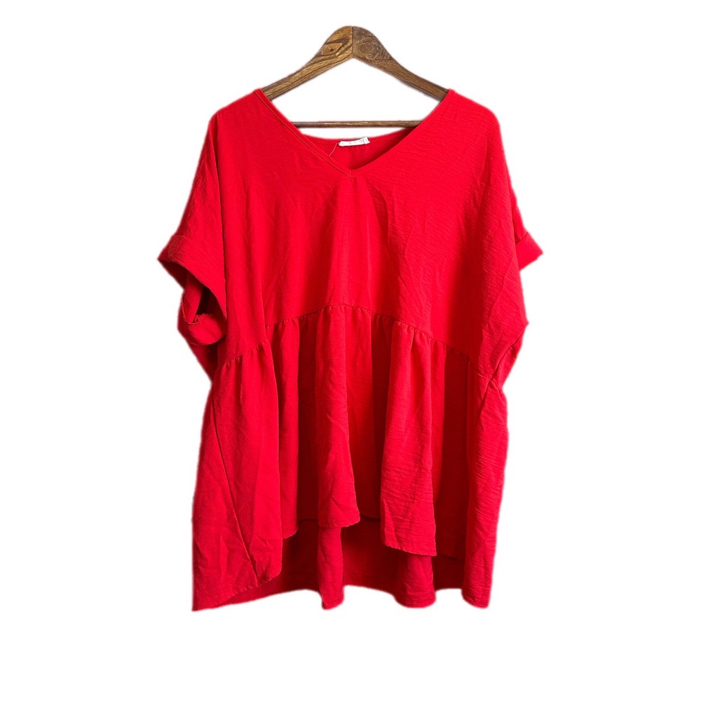 CHICSOUL Red V Neck Tunic Babydoll Tiered‎ Ruffle Hi Low Top Made in USA X-Large